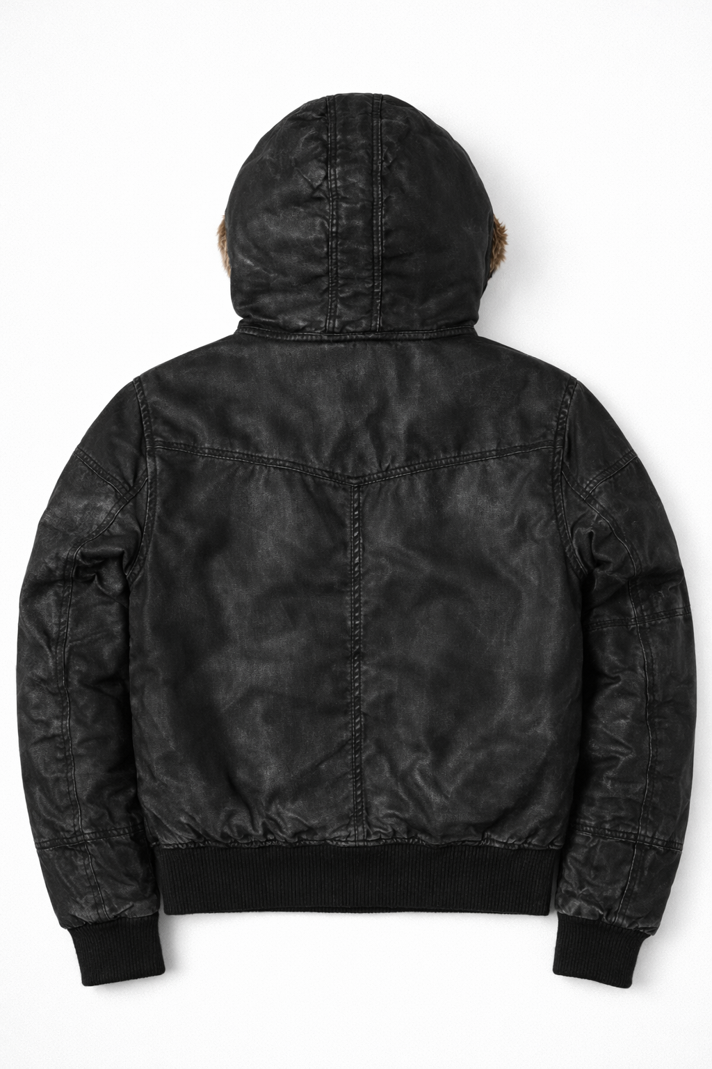 Black Leather Hooded Bomber Jacket - Back