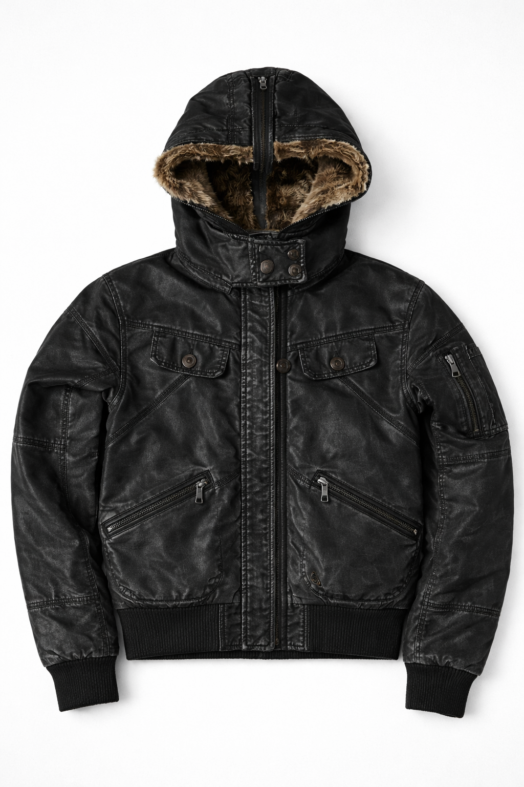 Black Leather Hooded Bomber Jacket - Detail