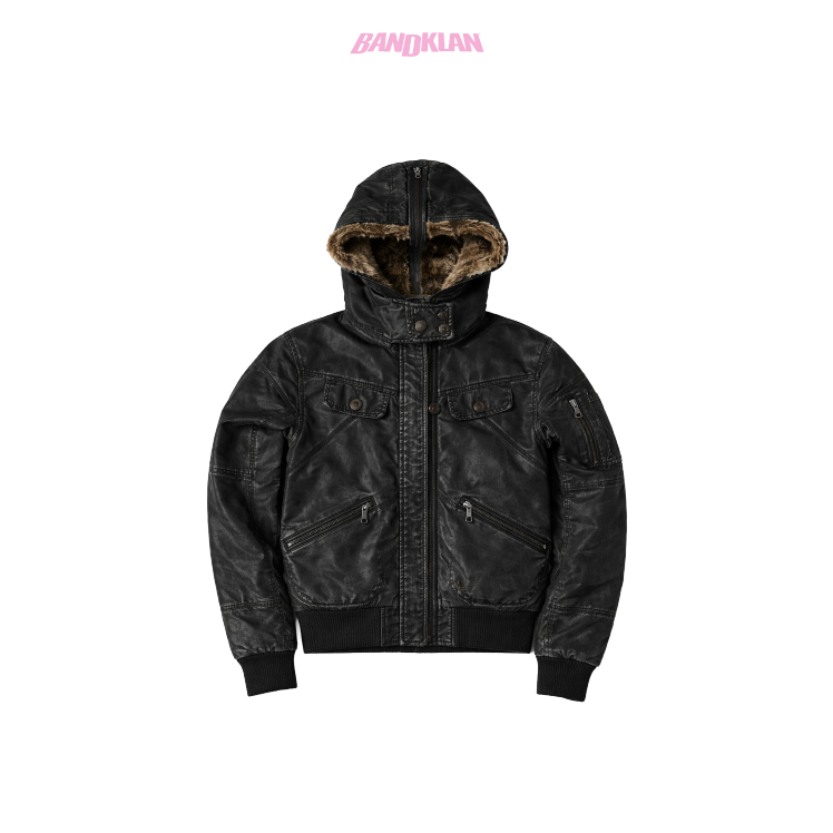 Black Leather Hooded Bomber Jacket - Front